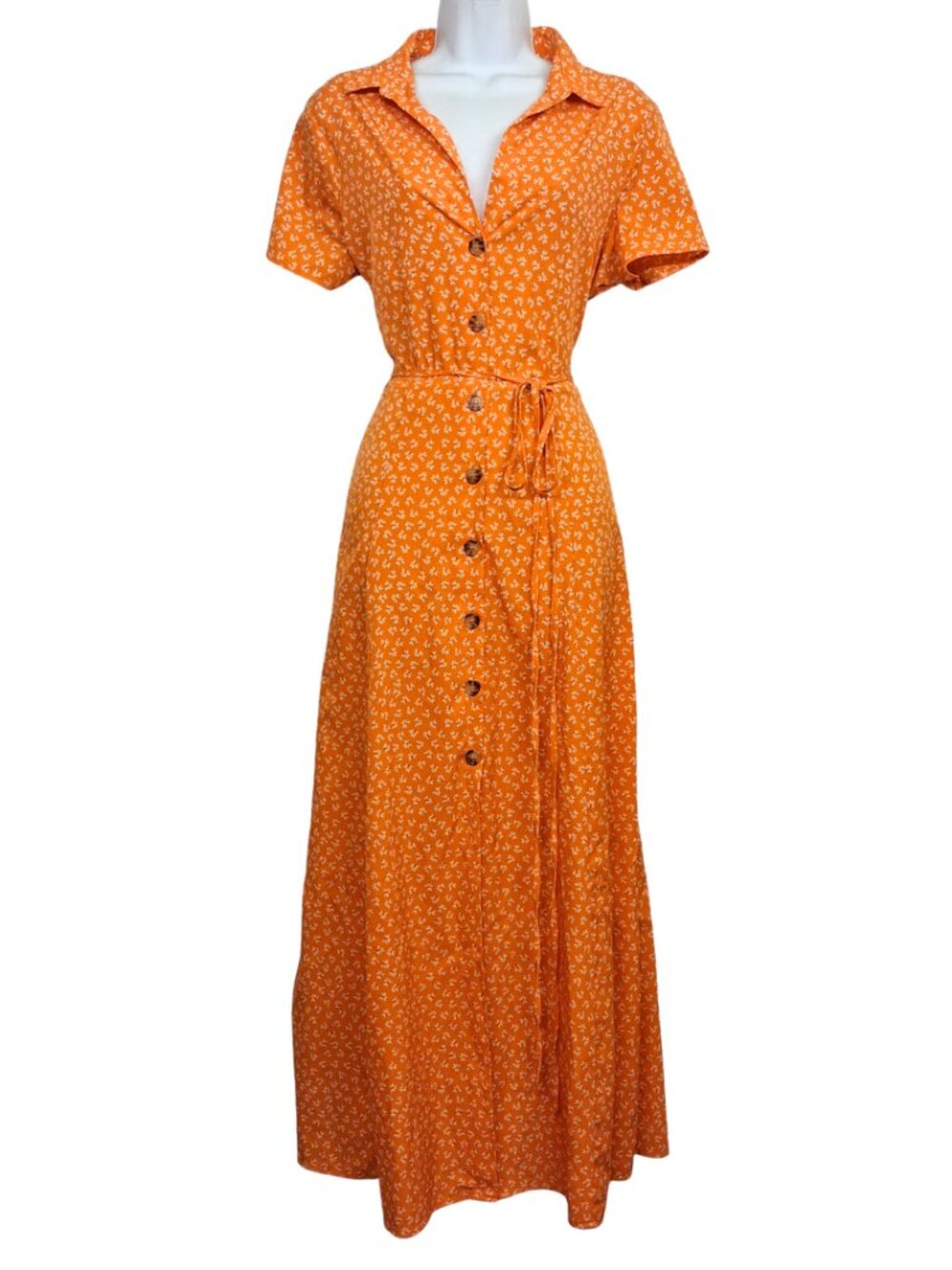 COTTON ON Floral Dress Orange Maxi Button Front Short Sleeve Summer Print Medium